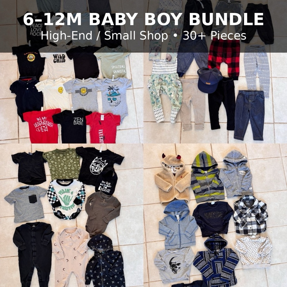 48 pieces. 6-12/12 month high end / small shop baby boy bundle